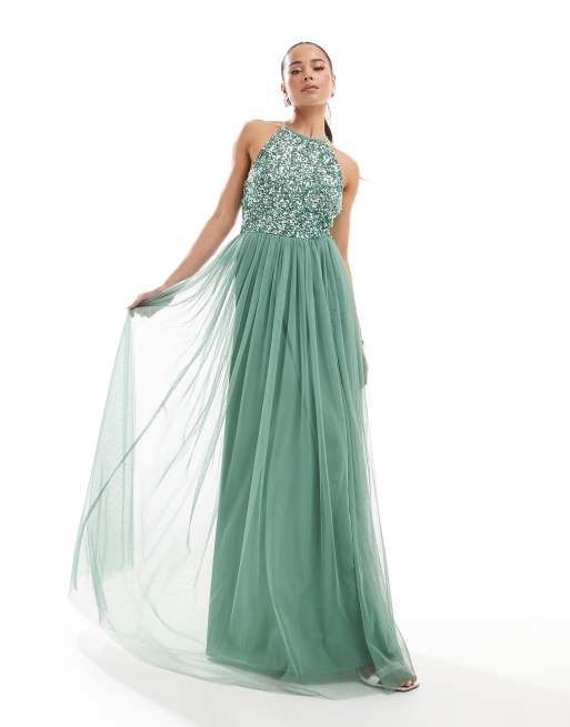 Maya - Vestito lungo allacciato al collo color salvia scuro con decorazioni