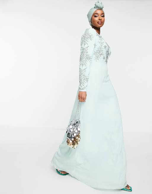 Maya - Vestito lungo blu acqua con decorazioni gioiello