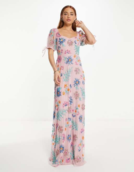 Maya - Vestito lungo color cipria con motivo decorato