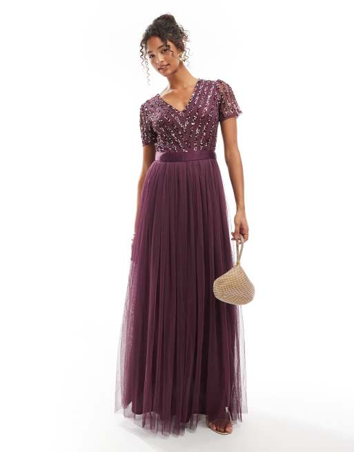 Maya - Vestito lungo da damigella color mora decorato a righe con cintura