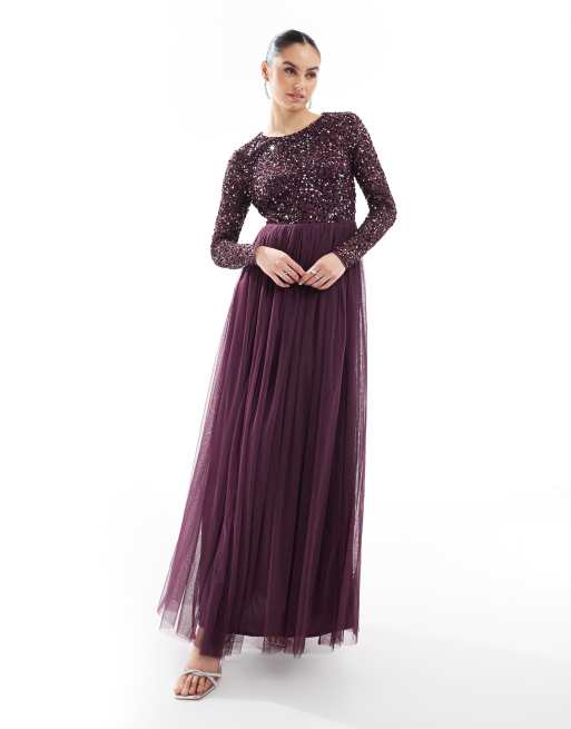 Maya - Vestito lungo decorato a maniche lunghe color bacca