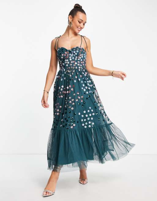 Maya - Vestito lungo decorato con spalline annodate, colore verde scuro
