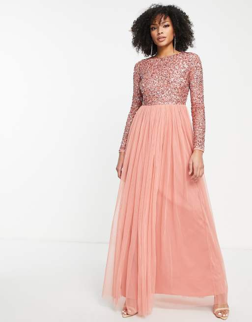 Maya - Vestito lungo in tulle a maniche lunghe con paillettes delicate tono su tono, colore ambra bruciata