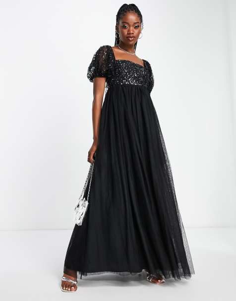 Maya - Vestito lungo stile babydoll nero con maniche a sbuffo e paillettes - view 1