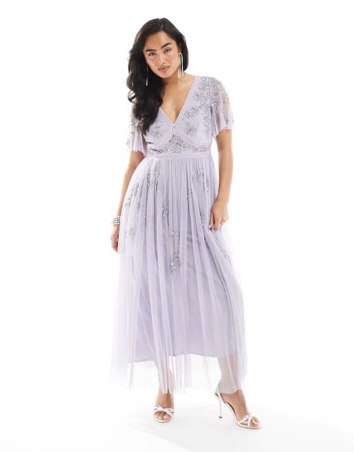 Maya - Vestito midi a maniche corte lilla con decorazioni, 4 di 4