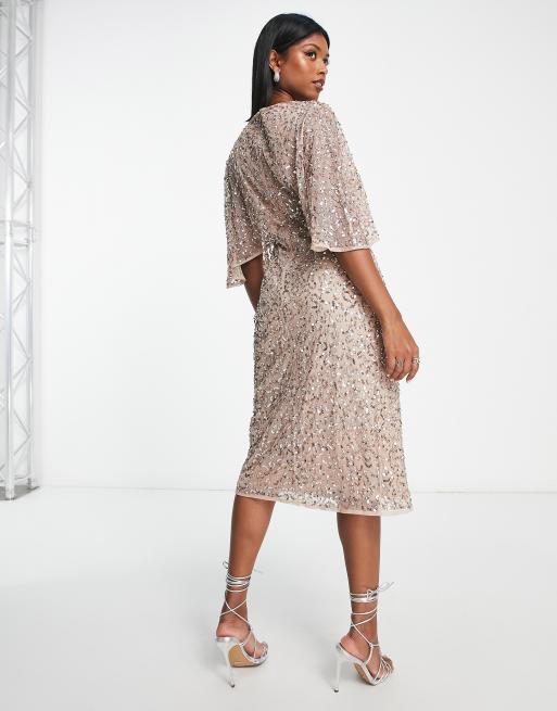 Maya - Vestito midi a portafoglio da damigella cipria tenue con delicate paillettes, 2 di 4