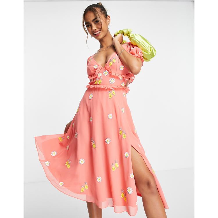 Maya Vestito midi color corallo con fiori e limoni di paillettes ASOS