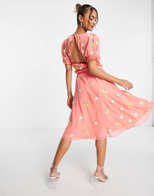 Maya Vestito midi color corallo con fiori e limoni di paillettes