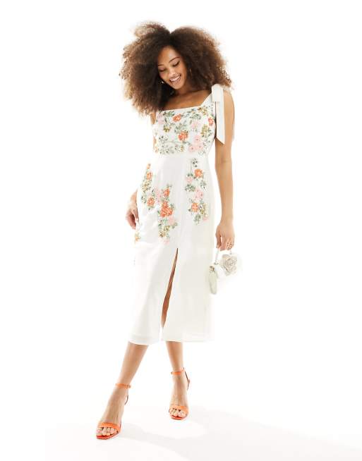 Maya - Vestito midi color crema decorato con spalline annodate