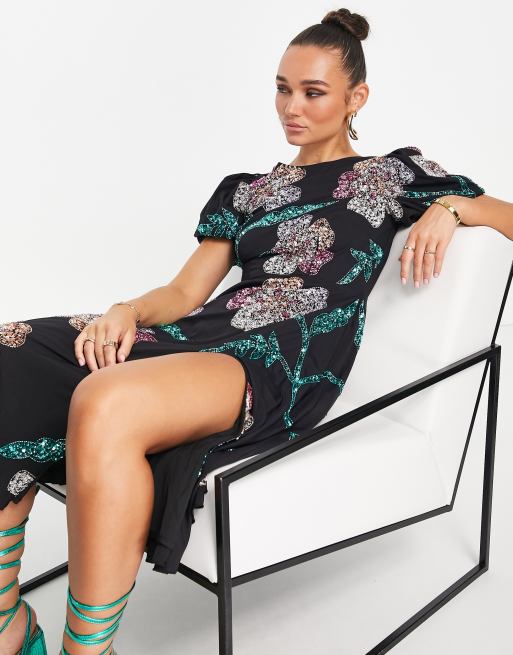 Maya - Vestito midi con maniche a sbuffo decorato con stampa a fiori