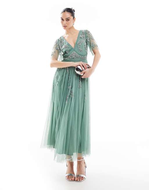 Maya - Vestito midi con maniche corte color salvia scuro con decorazioni