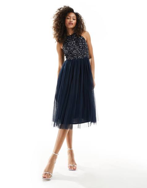 Maya - Vestito midi da damigella allacciato al collo in tulle blu navy con delicate paillettes tono su tono - view 1