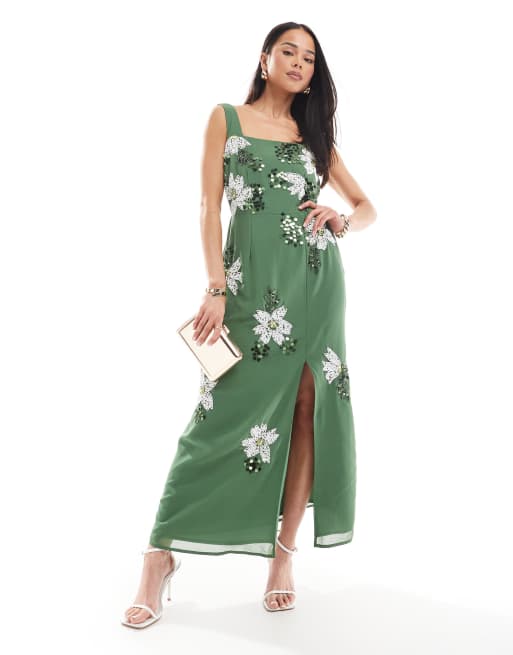 Maya - Vestito verde medio con scollo squadrato, dettagli smerlati, motivo floreale e gonna al polpaccio