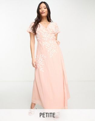 Maya wrap midaxi dress with contrast embroidery in peach - ASOS Price Checker