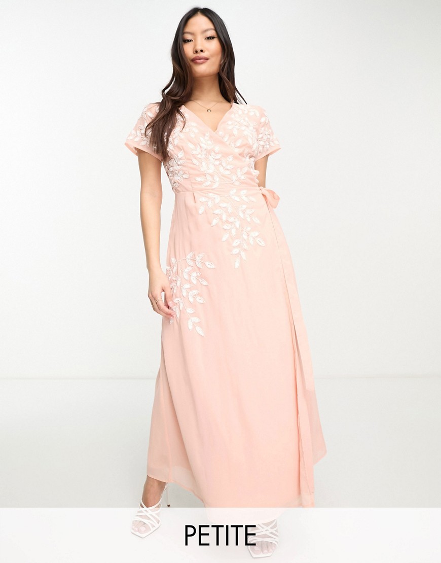 wrap midaxi dress with contrast embroidery in peach-Pink
