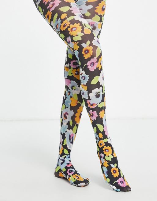 Medias multicolores de 40 deniers con estampado floral llamativo con fondo oscuro de ASOS DESIGN