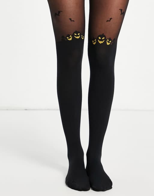 Medias negras con diseño de calabazas de Halloween de Pretty Polly