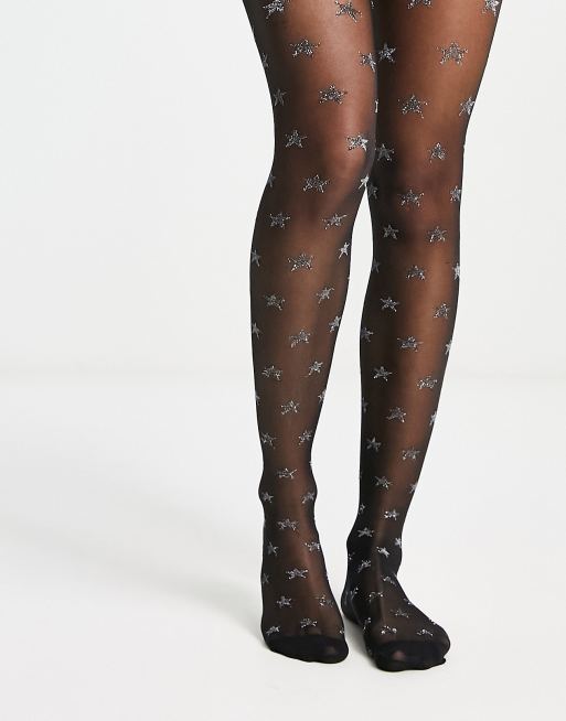 Medias negras de 30 deniers con estampado de estrellas plateadas efecto purpurina de ASOS DESIGN, 4 de 4