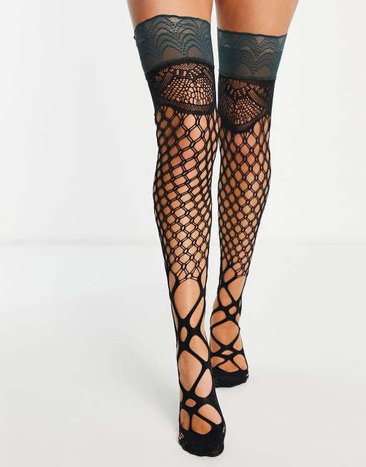 Medias negras de rejilla con diseño variado y parte superior verde en contraste de Hunkemöller