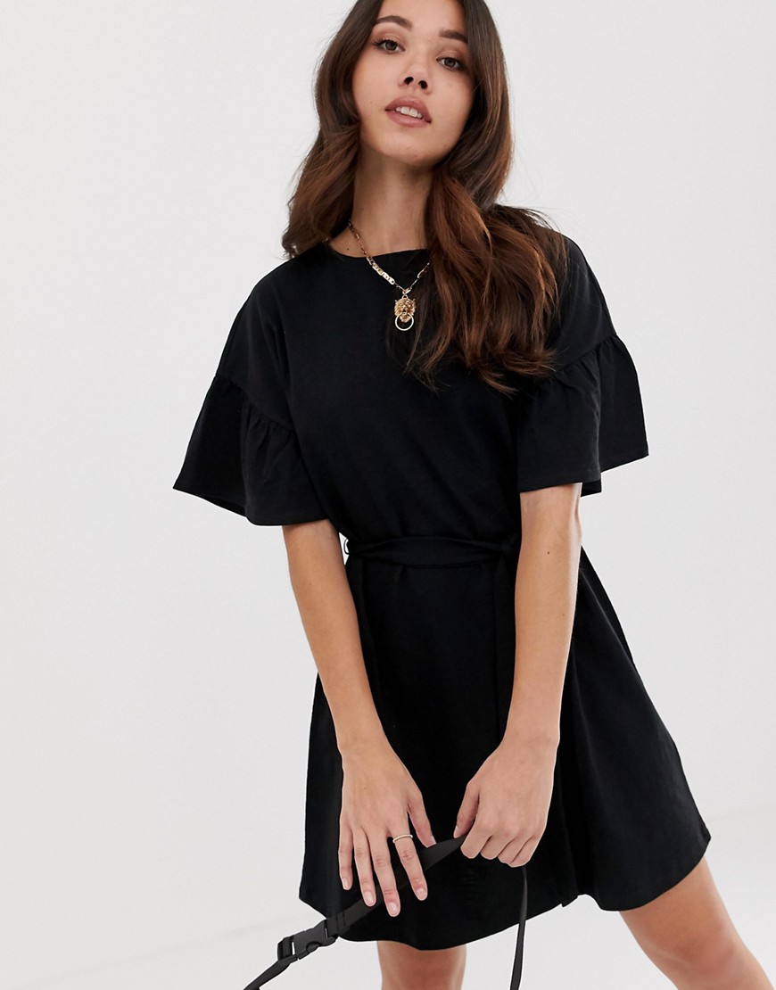 фото Меланжевое платье мини с оборками на рукавах и поясом asos design-черный