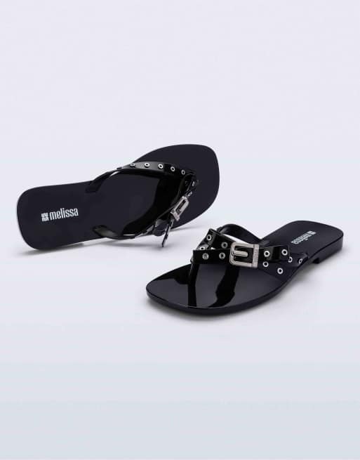Melissa Harmonic squared thong flip flops in black, 3 of 4