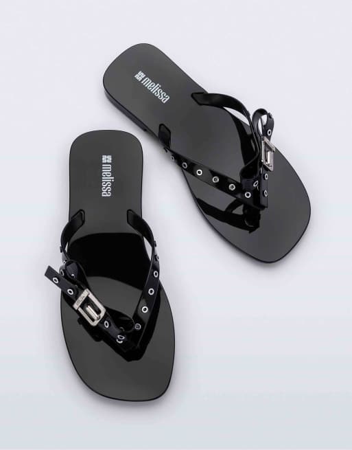 Melissa Harmonic squared thong flip flops in black, 4 of 4