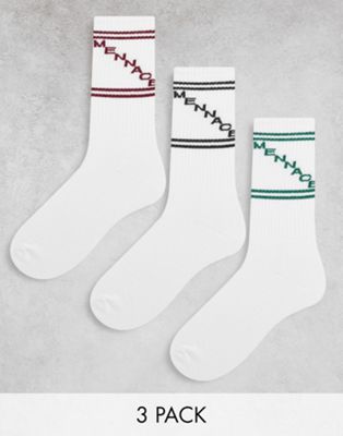 Mennace 3 pack socks in white with multicoloured logo print