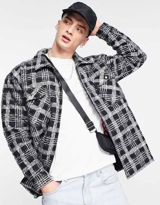 Mennace - Bouclé overshirt in zwart witte ruit met gewatteerde voering