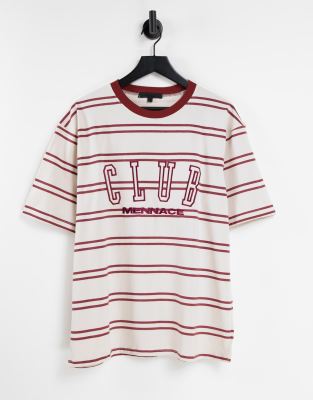 Mennace boxy fit t-shirt in off white with horizontal red stripes and logo print - ASOS Price Checker