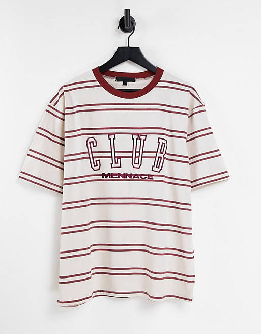 Mennace boxy fit t-shirt in off white with horizontal red stripes and logo print