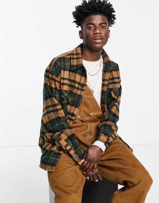Mennace - Camicia a maniche lunghe in flanella spazzolata a quadri beige e verde