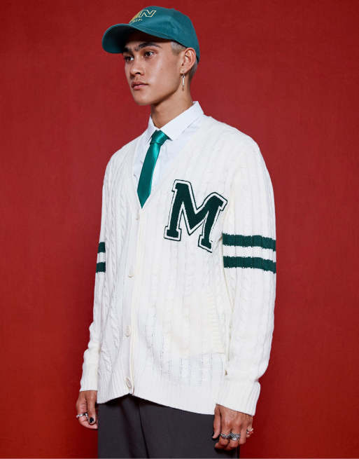 Mennace - Cardigan in maglia a trecce stile college bianco sporco