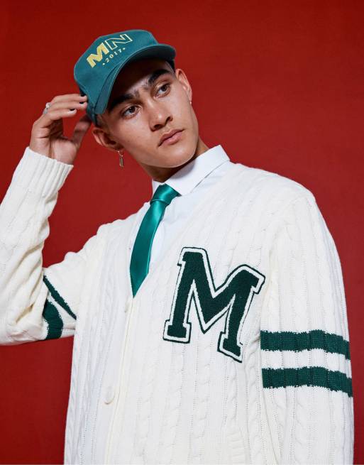 Mennace Cardigan in maglia a trecce stile college bianco sporco