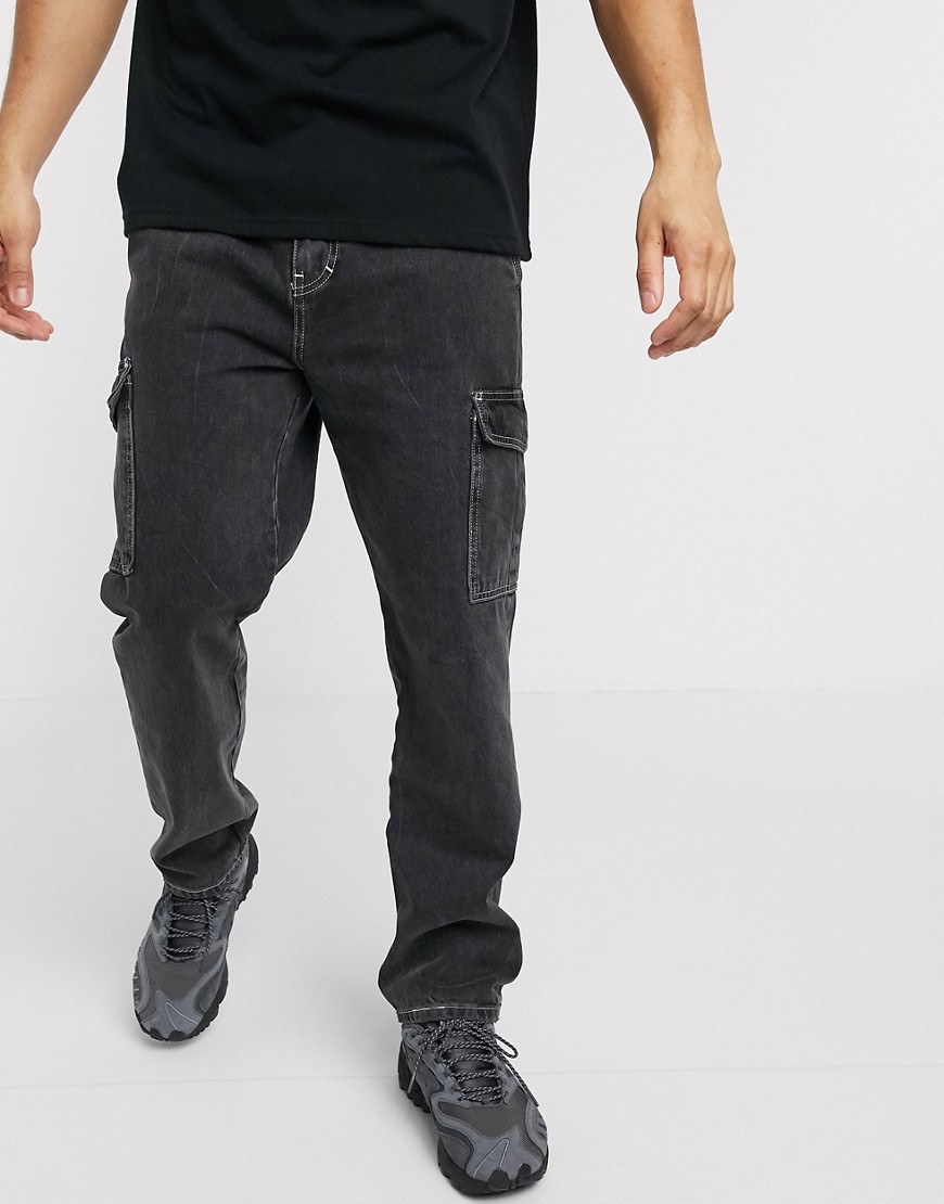 Mennace - Cargo jeans in acid wash in zwart