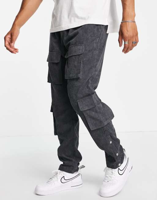 Mennace cargo trousers in dark grey with popper hem