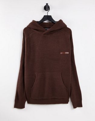 Mennace co-ord knitted rib hoodie in dark brown