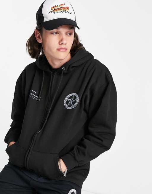 Mennace co ord oversized zip thru hoodie in washed black with signature series print