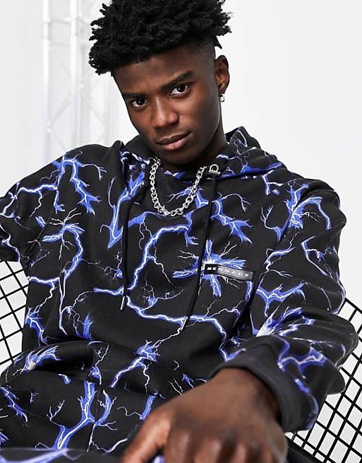 Mennace co-ord pullover hoodie in black with all over lightning print
