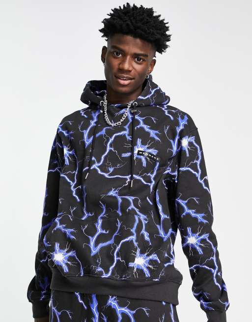 Mennace co-ord pullover hoodie in black with all over lightning print, 3 of 4