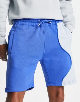 Mennace co-ord relaxed jersey shorts in two tone blue with exposed seam detail