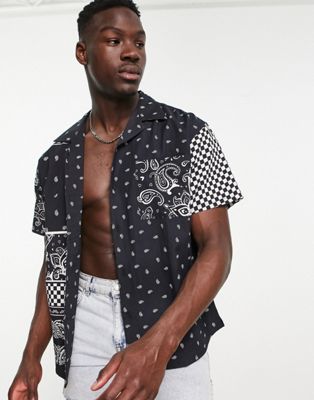 Mennace co-ord revere collared shirt in black with patchwork paisley print