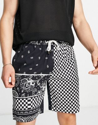 Mennace co-ord woven shorts in black with patchwork paisley print