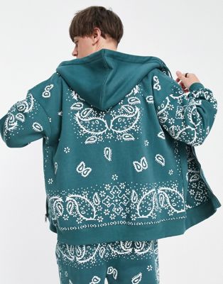 Mennace co-ord zip through hoodie in forest green paisley