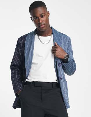 Mennace double breasted blazer in navy and blue spliced pinstripe - ASOS Price Checker