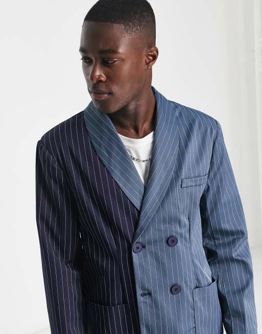 Mennace double breasted blazer in navy and blue spliced pinstripe