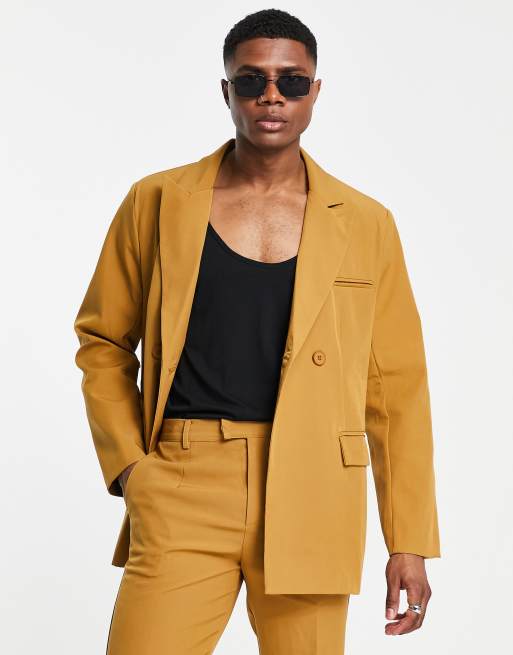 Mennace double breasted suit jacket in dark yellow ASOS