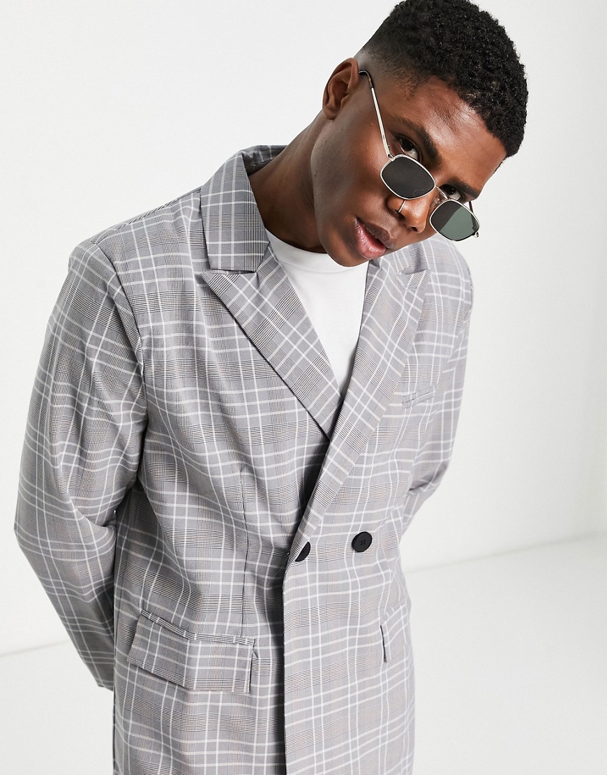Mennace Double Breasted Suit Jacket In Gray Check
