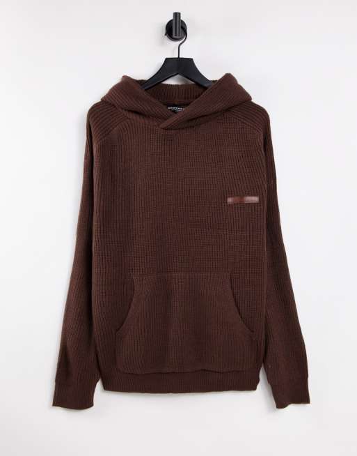 Mennace - Geribbelde gebreide hoodie in donkerbruin, deel van co-ord set