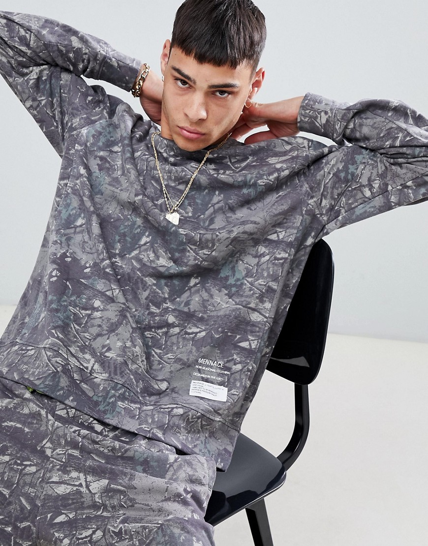 Mennace - Grijze sweatshirt met camouflageprint in wassing-Grijs