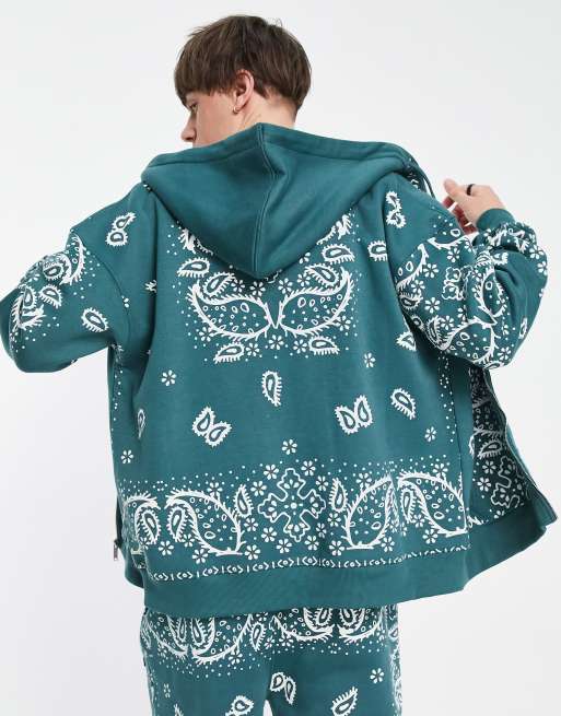 Mennace – Kapuzenjacke mit Reißverschluss in Tannengrün mit Paisleymuster, Kombiteil